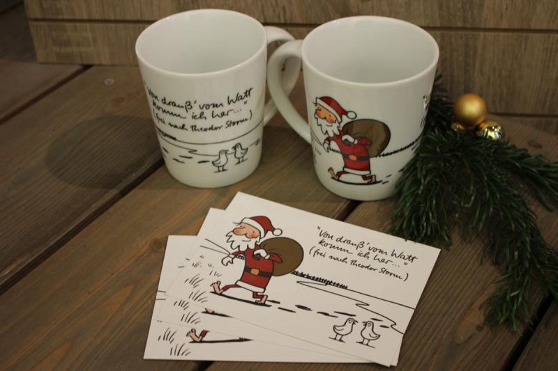 Weihnachtsbecher "Drauß vom Watt", € 10 (ausverkauft) - Postkarte, Motiv "Drauß vom Watt", € 0,50  | © Tourismus und Stadtmarketing Husum GmbH